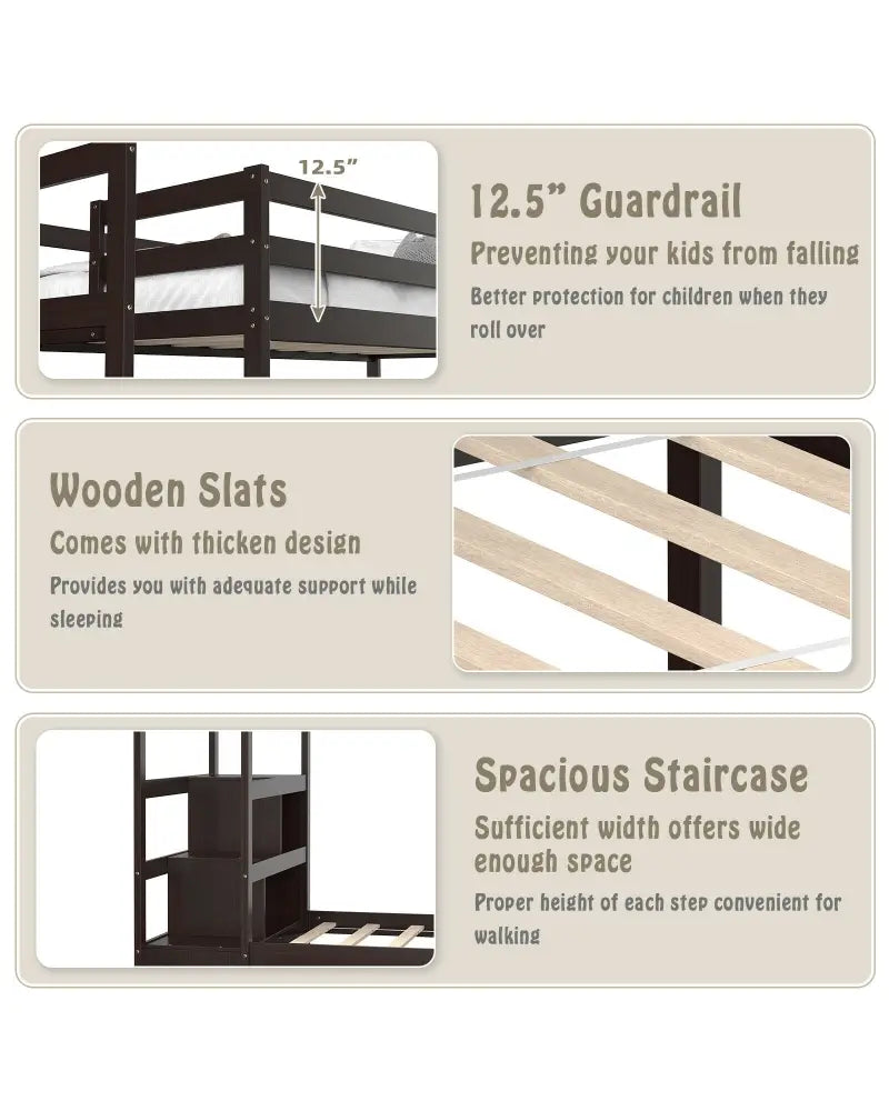 Twin Over Twin Bunk Bed with Storage Shelf and Drawer-Espresso - Dark Brown - Bunk Bed Frame