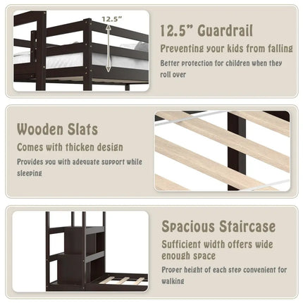 Twin Over Twin Bunk Bed with Storage Shelf and Drawer-Espresso - Dark Brown - Bunk Bed Frame