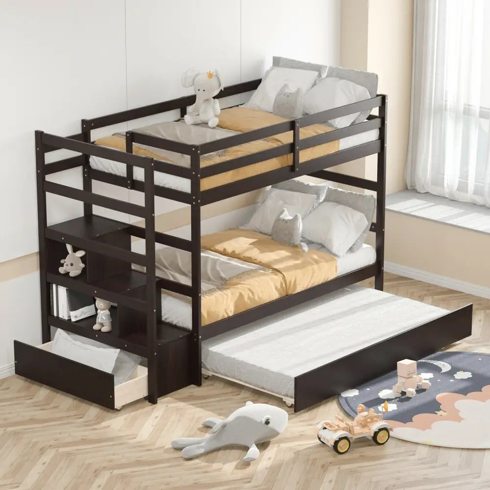 Twin Over Twin Bunk Bed with Storage Shelf and Drawer-Espresso - Dark Brown - Bunk Bed Frame
