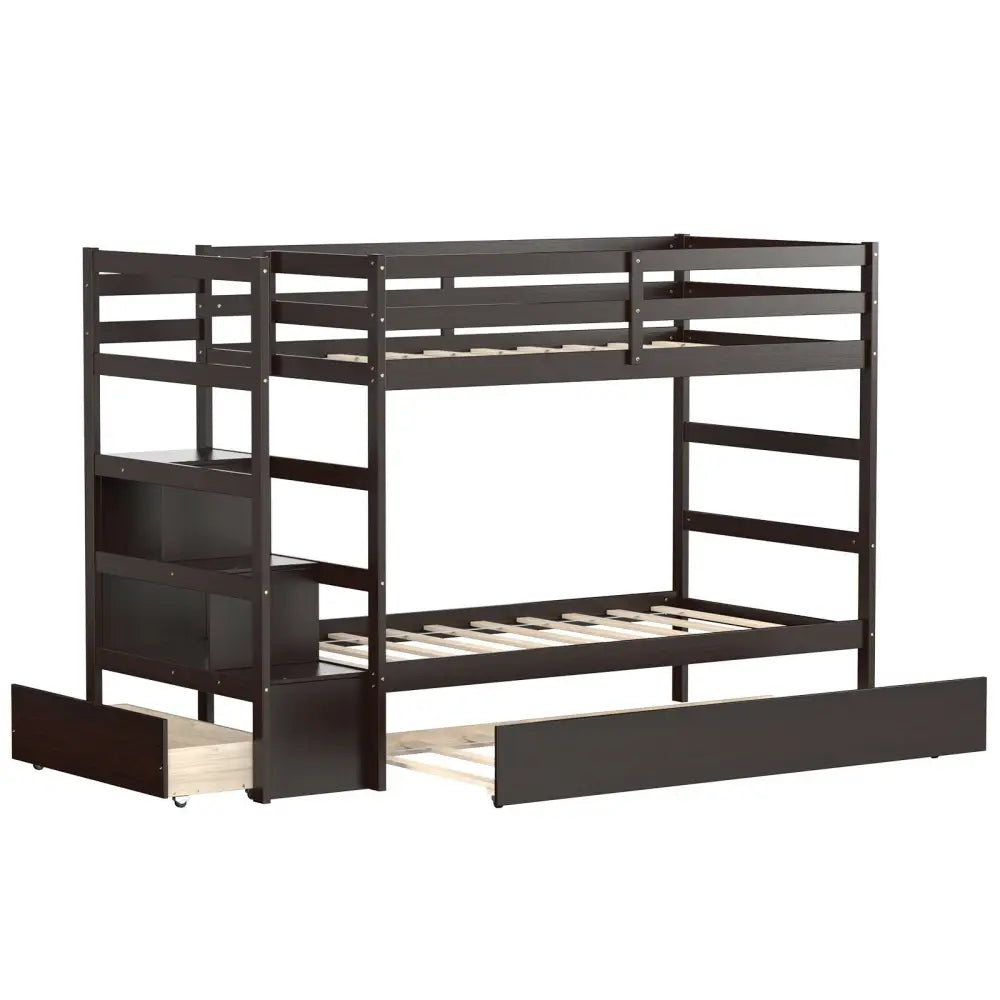 Twin Over Twin Bunk Bed with Storage Shelf and Drawer-Espresso - Dark Brown - Bunk Bed Frame
