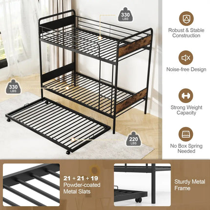 Twin Over Twin Bunk Bed with Trundle with Ladder and Full-length Guardrails-Black - Black - Bunk Bed Frame