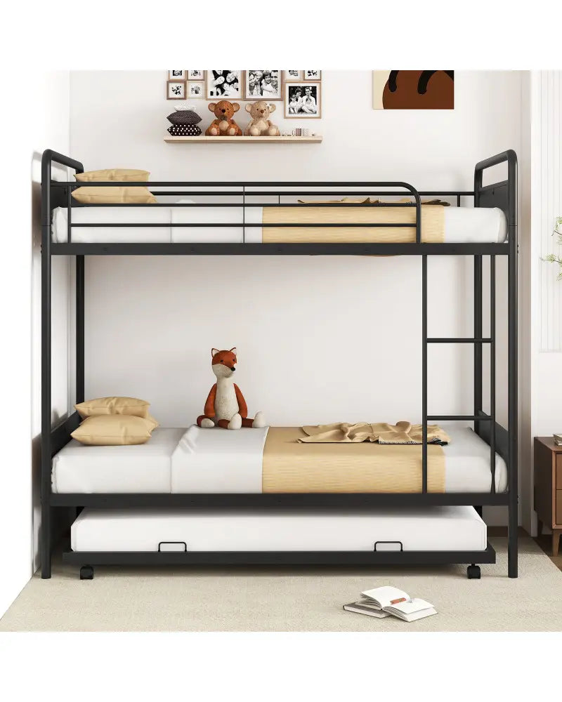 Twin Over Twin Bunk Bed with Trundle with Ladder and Full-length Guardrails-Black - Black - Bunk Bed Frame