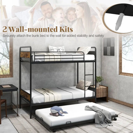 Twin Over Twin Bunk Bed with Trundle with Ladder and Full-length Guardrails-Black - Black - Bunk Bed Frame
