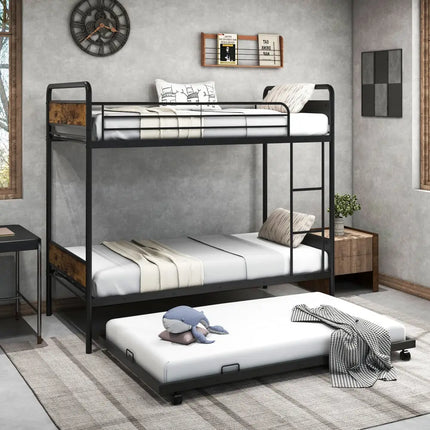 Twin Over Twin Bunk Bed with Trundle with Ladder and Full-length Guardrails-Black - Black - Bunk Bed Frame