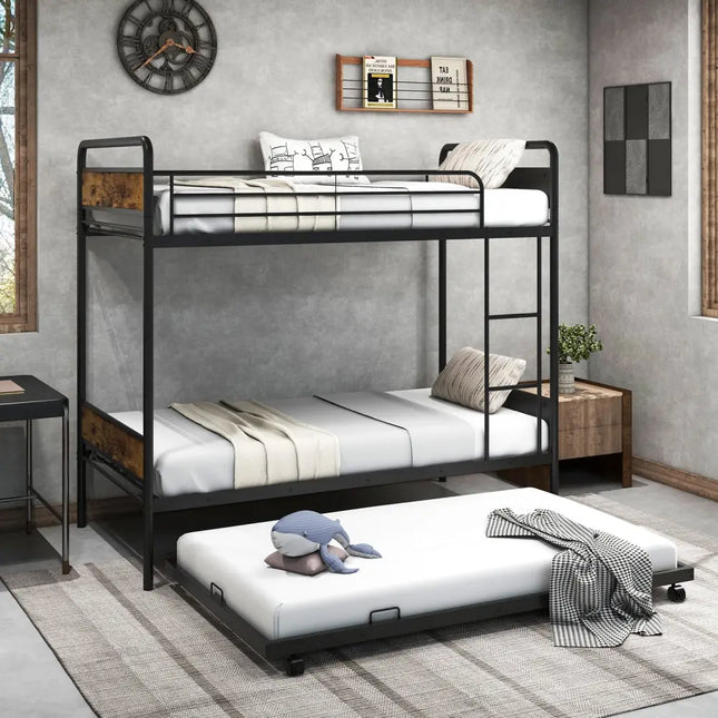 Twin Over Twin Bunk Bed with Trundle with Ladder and Full-length Guardrails-Black - Black - Bunk Bed Frame