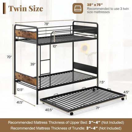 Twin Over Twin Bunk Bed with Trundle with Ladder and Full-length Guardrails-Black - Black - Bunk Bed Frame