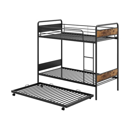 Twin Over Twin Bunk Bed with Trundle with Ladder and Full-length Guardrails-Black - Black - Bunk Bed Frame