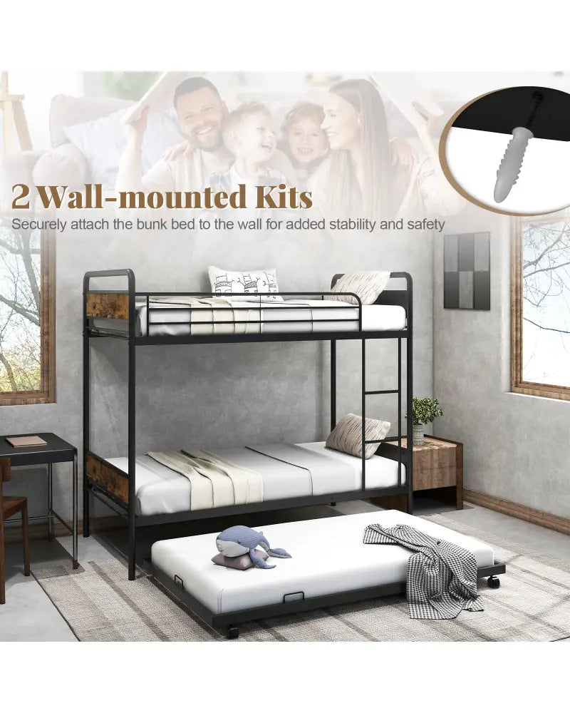 Twin Over Twin Bunk Bed with Trundle with Ladder and Full-length Guardrails-Black - Black - Bunk Bed Frame