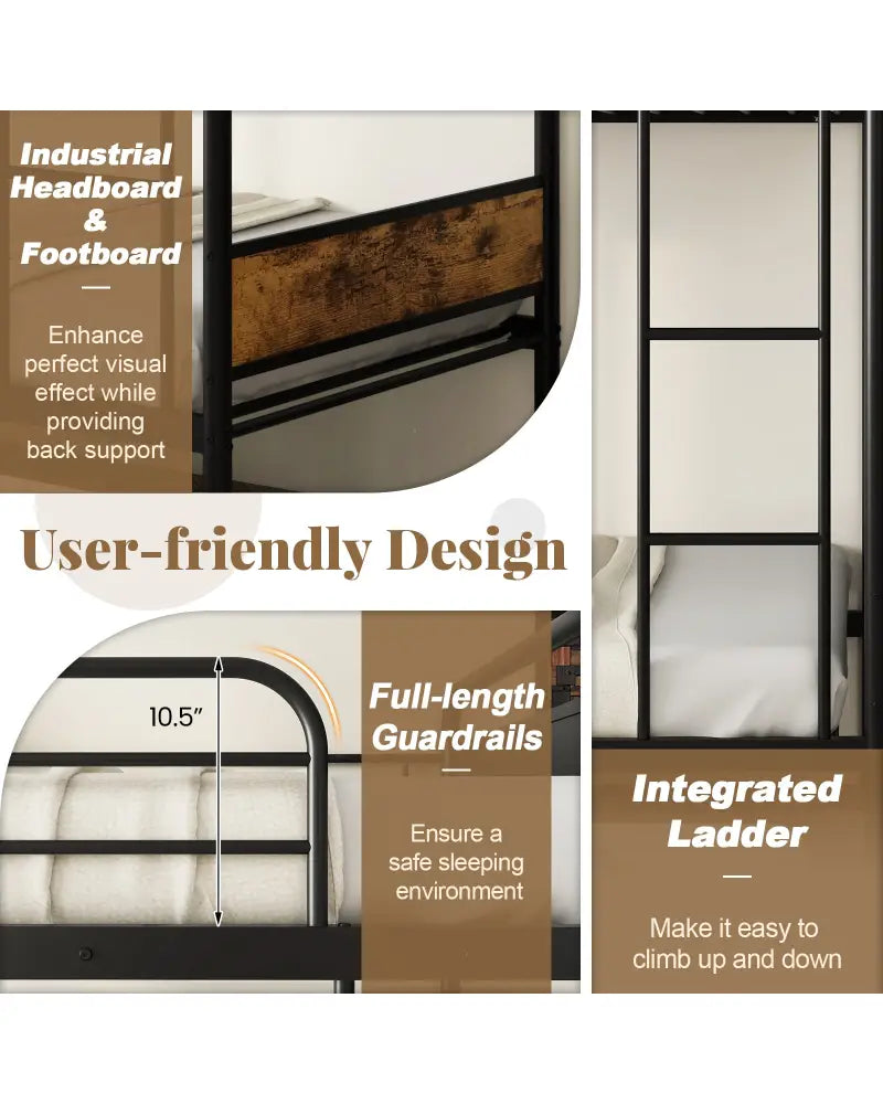 Twin Over Twin Bunk Bed with Trundle with Ladder and Full-length Guardrails-Black - Black - Bunk Bed Frame