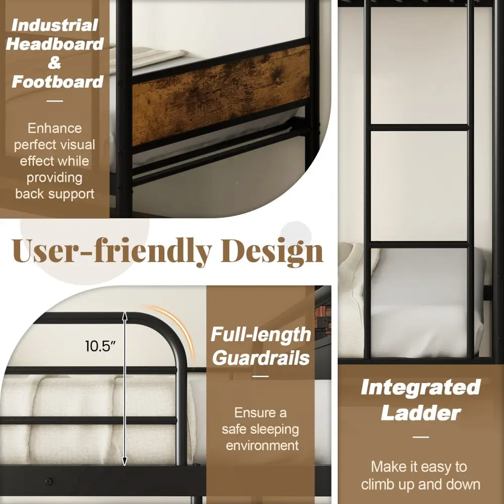 Twin Over Twin Bunk Bed with Trundle with Ladder and Full-length Guardrails-Black - Black - Bunk Bed Frame