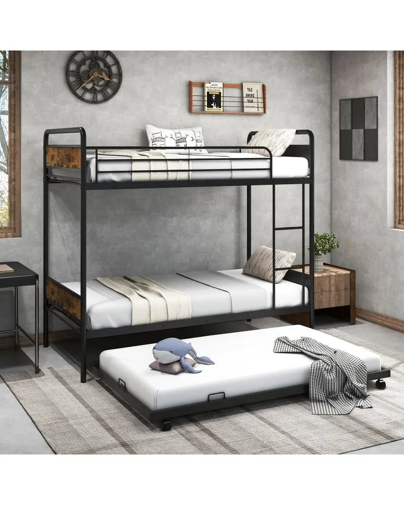 Twin Over Twin Bunk Bed with Trundle with Ladder and Full-length Guardrails-Black - Black - Bunk Bed Frame