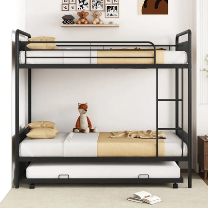 Twin Over Twin Bunk Bed with Trundle with Ladder and Full-length Guardrails-Black - Black - Bunk Bed Frame
