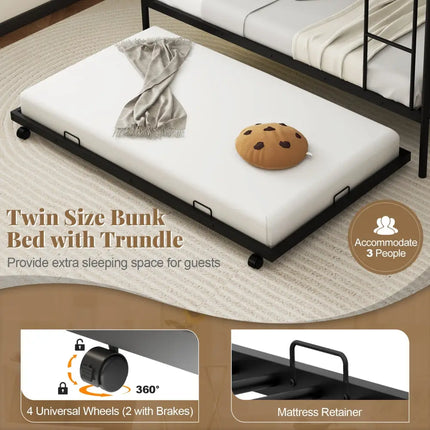 Twin Over Twin Bunk Bed with Trundle with Ladder and Full-length Guardrails-Black - Black - Bunk Bed Frame