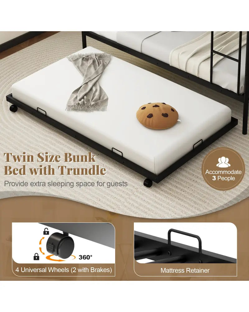 Twin Over Twin Bunk Bed with Trundle with Ladder and Full-length Guardrails-Black - Black - Bunk Bed Frame