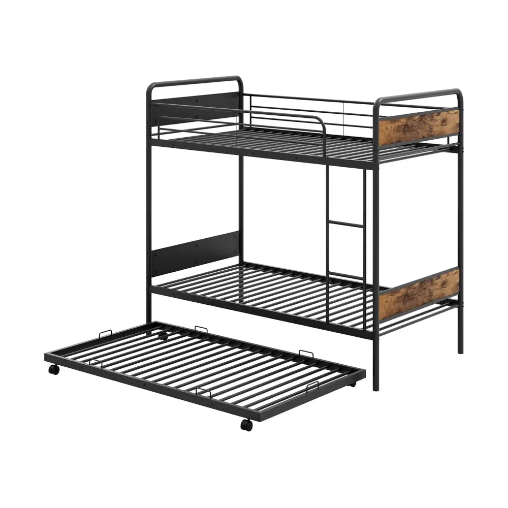 Twin Over Twin Bunk Bed with Trundle with Ladder and Full-length Guardrails-Black - Black - Bunk Bed Frame