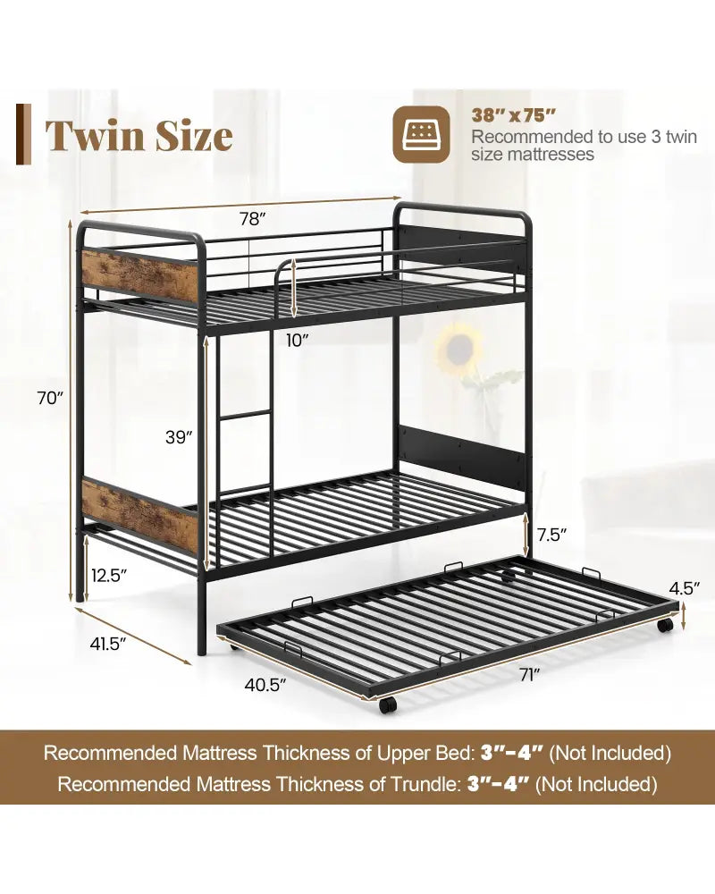 Twin Over Twin Bunk Bed with Trundle with Ladder and Full-length Guardrails-Black - Black - Bunk Bed Frame