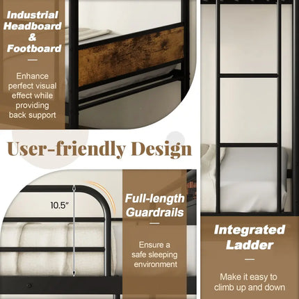 Twin Over Twin Bunk Bed with Trundle with Ladder and Full-length Guardrails-Black - Black - Bunk Bed Frame