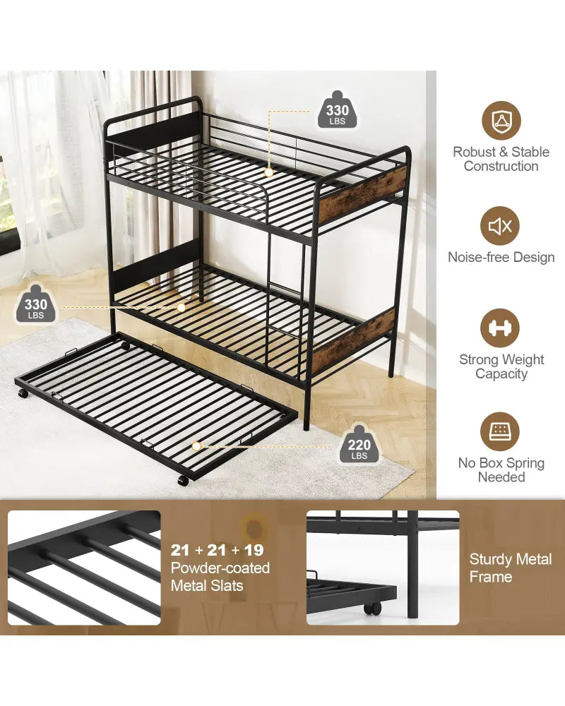 Twin Over Twin Bunk Bed with Trundle with Ladder and Full-length Guardrails-Black - Black - Bunk Bed Frame