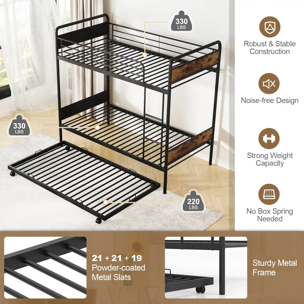 Twin Over Twin Bunk Bed with Trundle with Ladder and Full-length Guardrails-Black - Black - Bunk Bed Frame