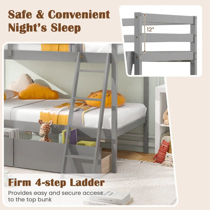 Twin Over Twin Bunk Bed Wood Bed Frame with 2 Storage Drawers and Ladder-Gray - Gray - Bunk Bed Frame
