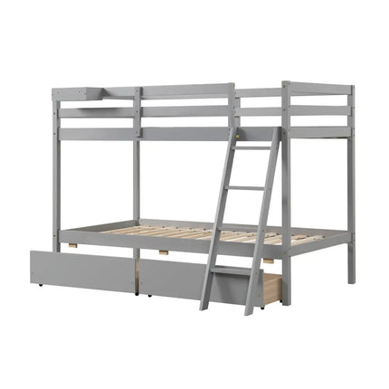 Twin Over Twin Bunk Bed Wood Bed Frame with 2 Storage Drawers and Ladder-Gray - Gray - Bunk Bed Frame