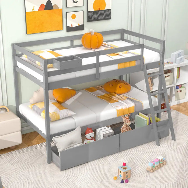 Twin Over Twin Bunk Bed Wood Bed Frame with 2 Storage Drawers and Ladder-Gray - Gray - Bunk Bed Frame