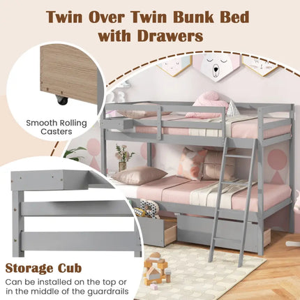 Twin Over Twin Bunk Bed Wood Bed Frame with 2 Storage Drawers and Ladder-Gray - Gray - Bunk Bed Frame