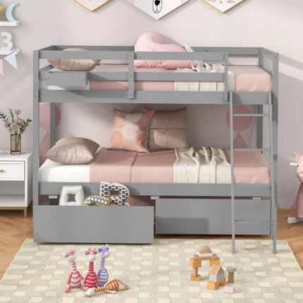Twin Over Twin Bunk Bed Wood Bed Frame with 2 Storage Drawers and Ladder-Gray - Gray - Bunk Bed Frame