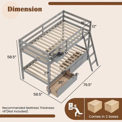 Twin Over Twin Bunk Bed Wood Bed Frame with 2 Storage Drawers and Ladder-Gray - Gray - Bunk Bed Frame