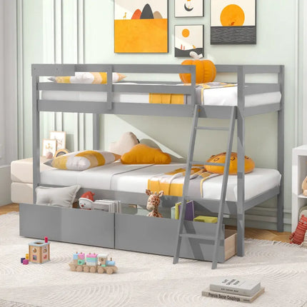 Twin Over Twin Bunk Bed Wood Bed Frame with 2 Storage Drawers and Ladder-Gray - Gray - Bunk Bed Frame