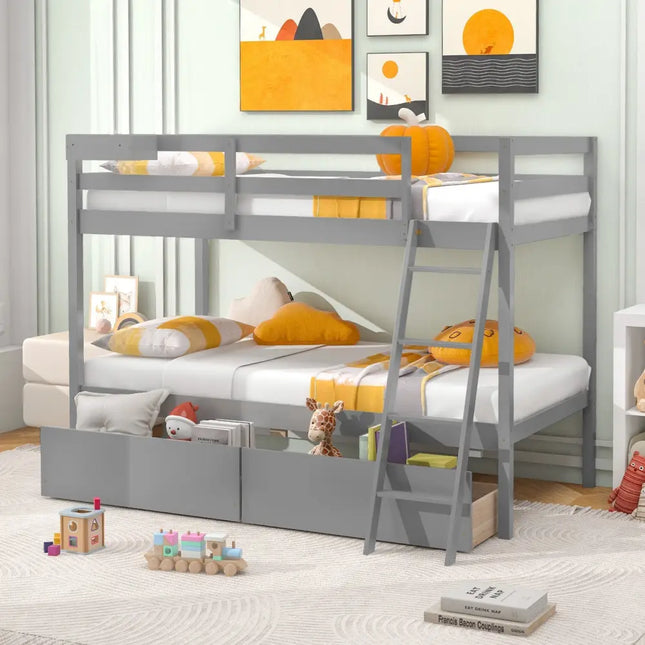 Twin Over Twin Bunk Bed Wood Bed Frame with 2 Storage Drawers and Ladder-Gray - Gray - Bunk Bed Frame