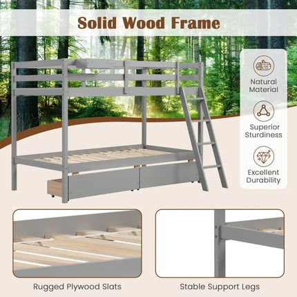 Twin Over Twin Bunk Bed Wood Bed Frame with 2 Storage Drawers and Ladder-Gray - Gray - Bunk Bed Frame