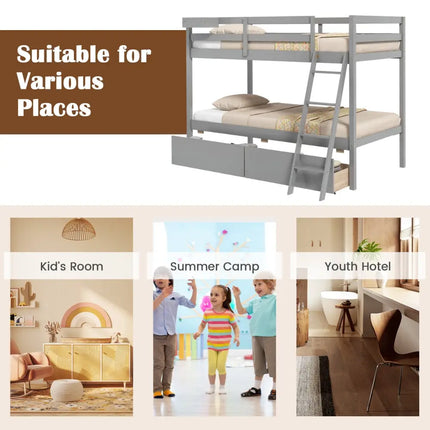 Twin Over Twin Bunk Bed Wood Bed Frame with 2 Storage Drawers and Ladder-Gray - Gray - Bunk Bed Frame
