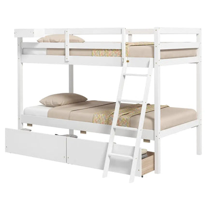 Twin Over Twin Bunk Bed Wood Bed Frame with 2 Storage Drawers and Ladder-White - White - Bunk Bed Frame