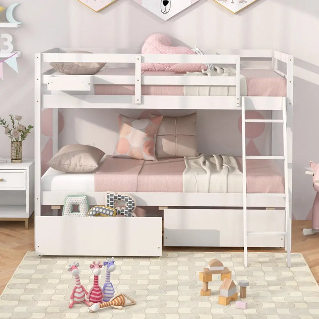 Twin Over Twin Bunk Bed Wood Bed Frame with 2 Storage Drawers and Ladder-White - White - Bunk Bed Frame