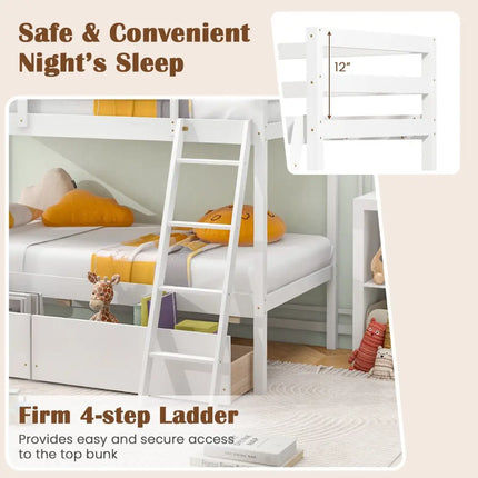 Twin Over Twin Bunk Bed Wood Bed Frame with 2 Storage Drawers and Ladder-White - White - Bunk Bed Frame