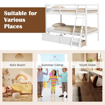 Twin Over Twin Bunk Bed Wood Bed Frame with 2 Storage Drawers and Ladder-White - White - Bunk Bed Frame