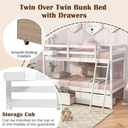 Twin Over Twin Bunk Bed Wood Bed Frame with 2 Storage Drawers and Ladder-White - White - Bunk Bed Frame