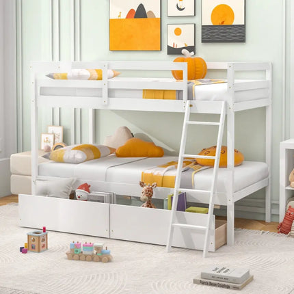 Twin Over Twin Bunk Bed Wood Bed Frame with 2 Storage Drawers and Ladder-White - White - Bunk Bed Frame