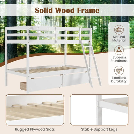 Twin Over Twin Bunk Bed Wood Bed Frame with 2 Storage Drawers and Ladder-White - White - Bunk Bed Frame