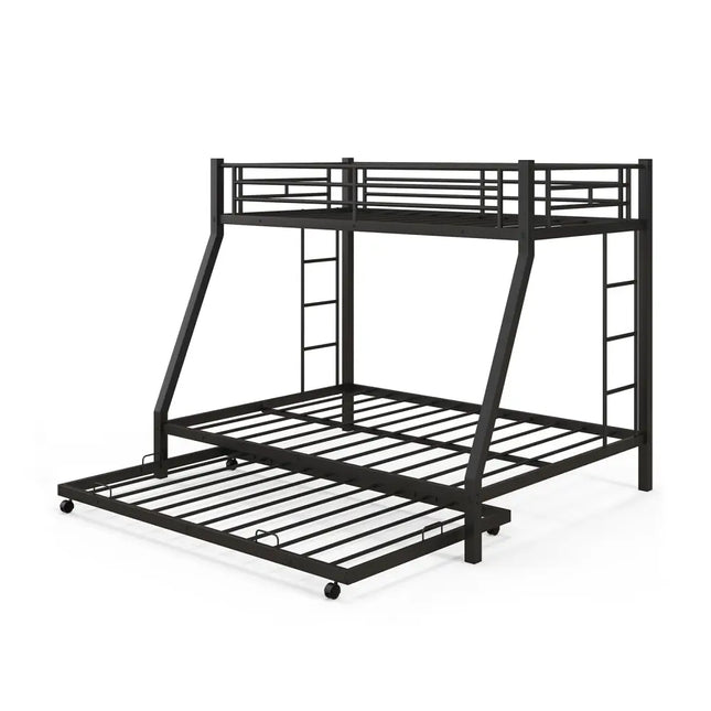 Black metal twin over full bunk bed frame with trundle bed on wheels featuring high weight capacity for guest rooms