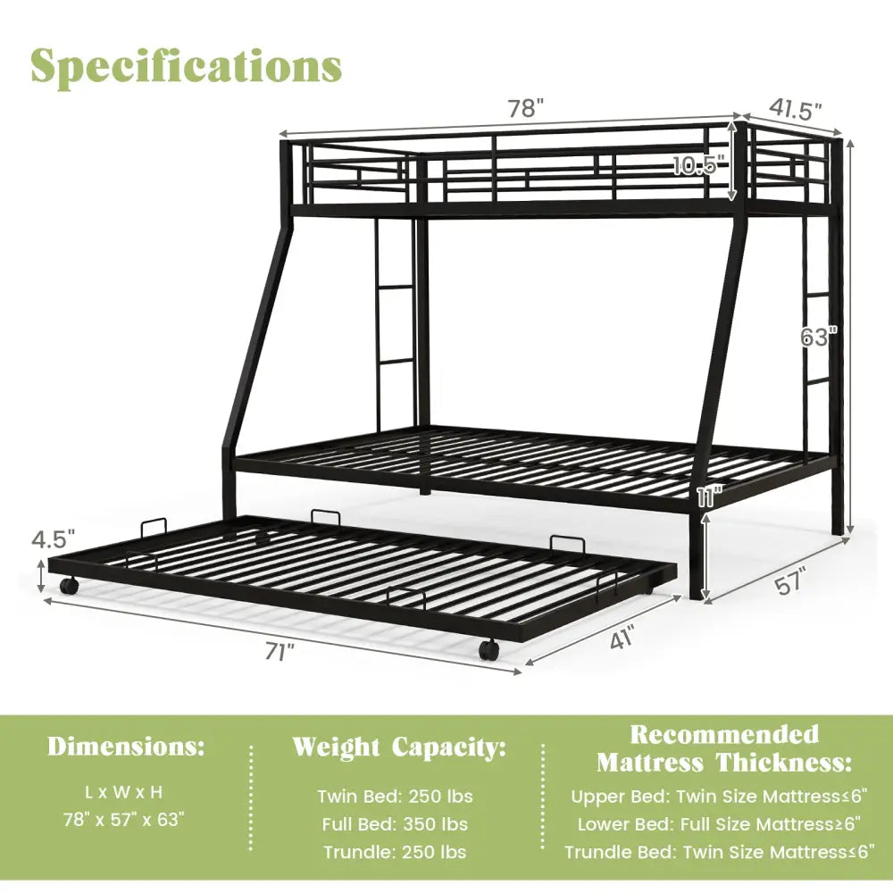 Twin Over Full Bunk Bed Frame with Trundle for Guest Room-Black - Black - Bunk Bed Frame