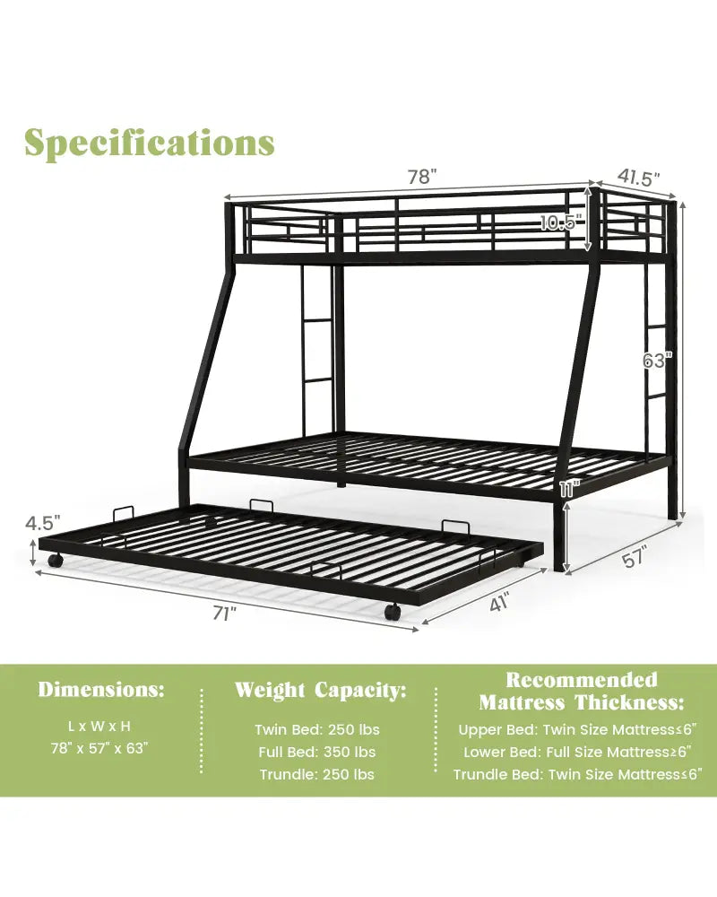 Twin Over Full Bunk Bed Frame with Trundle for Guest Room-Black - Black - Bunk Bed Frame