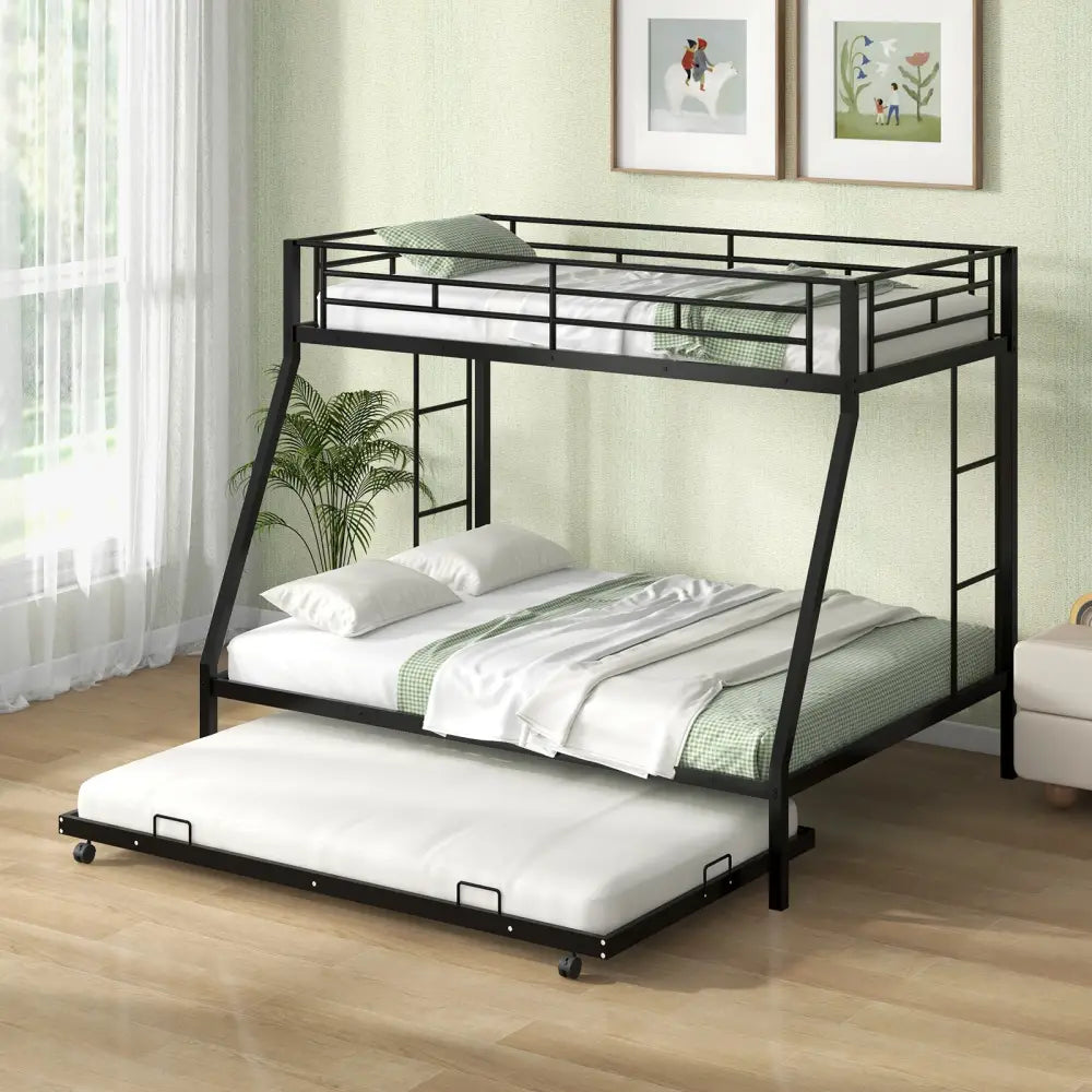 Twin Over Full Bunk Bed Frame with Trundle for Guest Room-Black - Black - Bunk Bed Frame