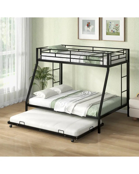 Twin Over Full Bunk Bed Frame with Trundle for Guest Room-Black - Black - Bunk Bed Frame