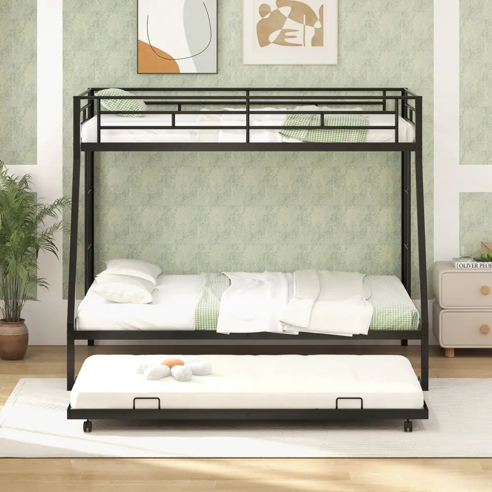 Twin Over Full Bunk Bed Frame with Trundle for Guest Room-Black - Black - Bunk Bed Frame