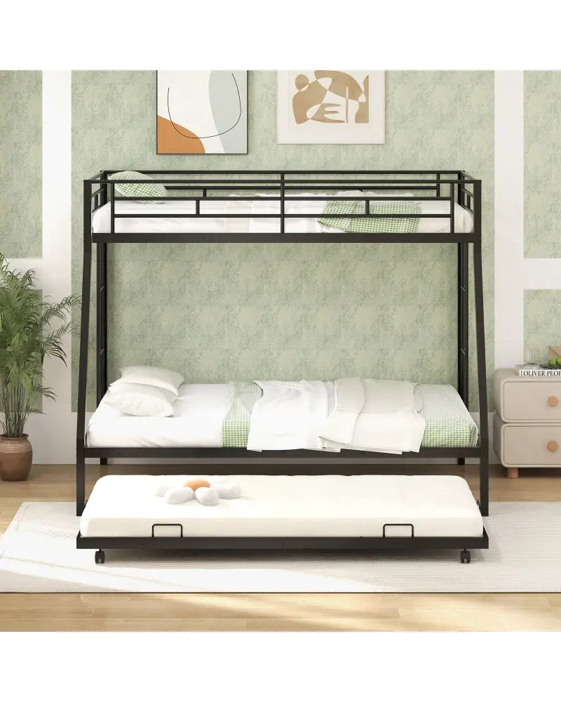 Twin Over Full Bunk Bed Frame with Trundle for Guest Room-Black - Black - Bunk Bed Frame