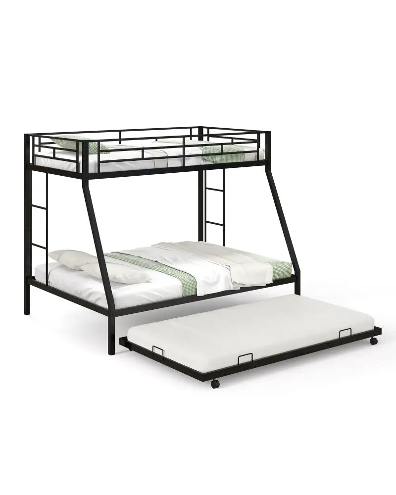 Twin Over Full Bunk Bed Frame with Trundle for Guest Room-Black - Black - Bunk Bed Frame
