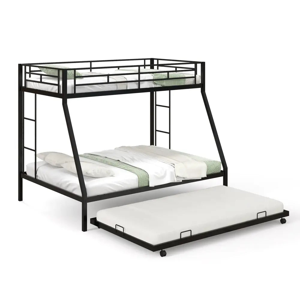 Twin Over Full Bunk Bed Frame with Trundle for Guest Room-Black - Black - Bunk Bed Frame