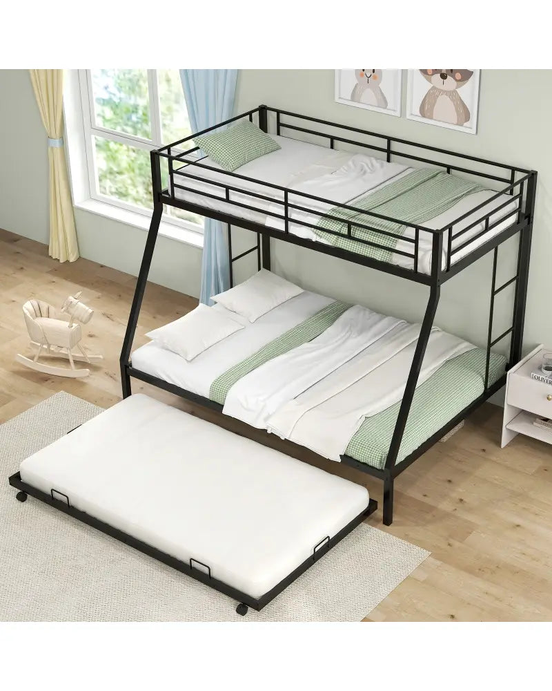 Twin Over Full Bunk Bed Frame with Trundle for Guest Room-Black - Black - Bunk Bed Frame